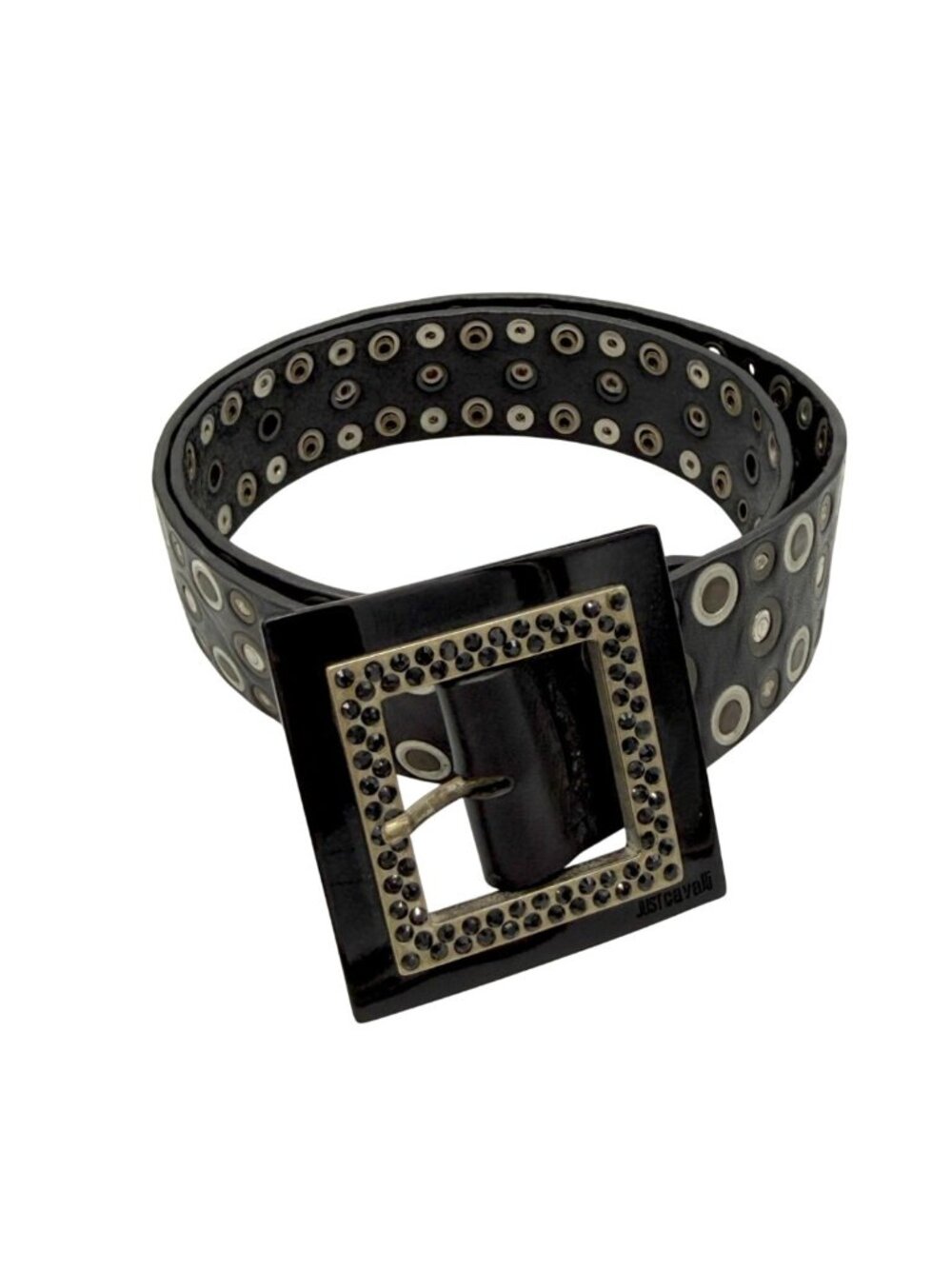 Just Cavalli black leather grommet belt crystal-embellished square buckle - S